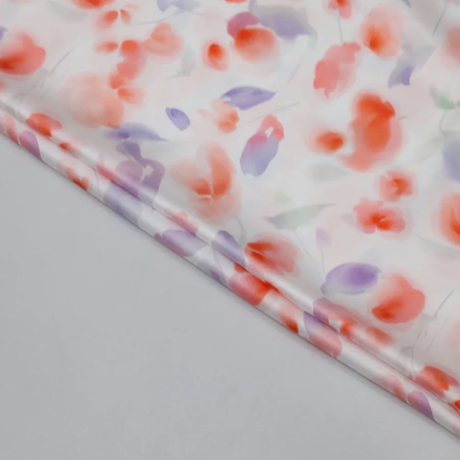 Summer Memories Satin Silk Printed Fabric Wash Painting Design Polyester Spandex Floral Fabric For Garment