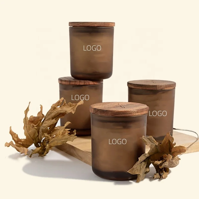 Wholesale 8oz unique round luxury empty glass candle jar with wooden cover