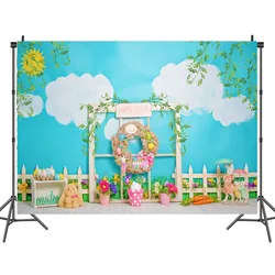 Spring Easter Garden Photography Backdrop 7x5ft Bokeh Rabbit Bunny Colorful Eggs Fence Grass Pink and Purple Floral Butterfly