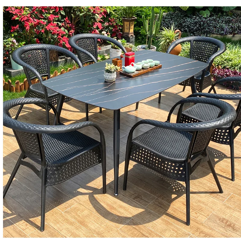 garden rattan woven wicker black chairs outdoor patio furniture armchairs aluminum frame leisure table and chair balcony furnitu