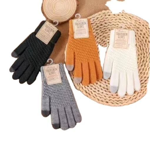 Touch screen gloves for winter couples with thick woolen yarn, anti slip riding, finger insulation, knitted warm gloves