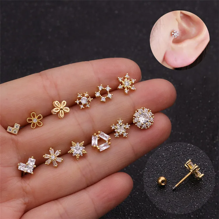 Geometric Snowflake Zircon Stud Earring Single Earring Stainless Steel Screw Earrings Creative Ear Piercing Jewelry