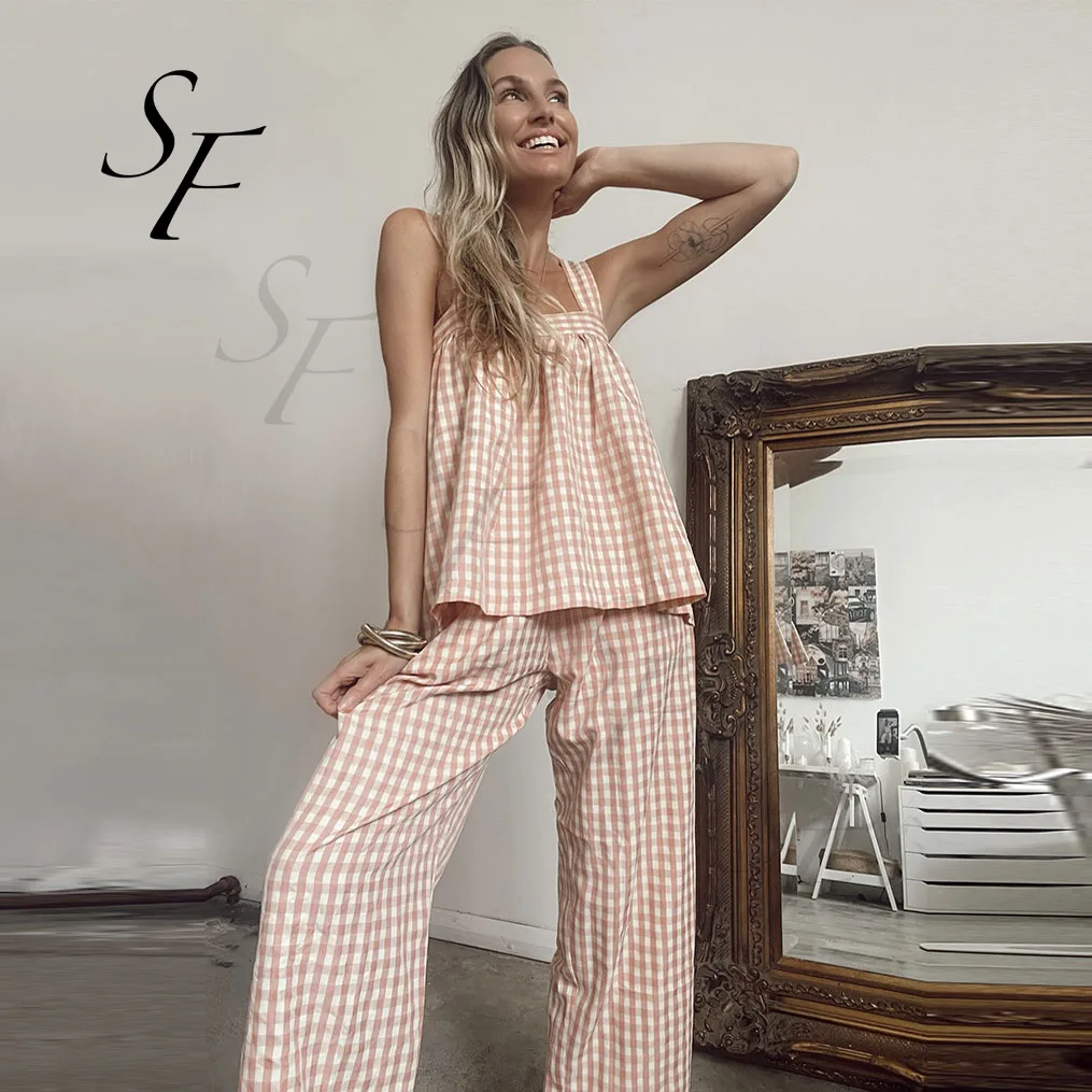 Wholesale OEM high quality custom pastel plaid color sleepwear tartan checked vest and pants pajama 2 piece set for women