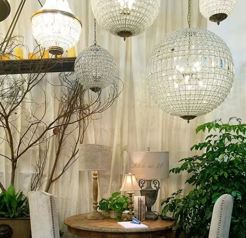 American Vintage french classical nordic country crystal  ball handing light for hotel or living room