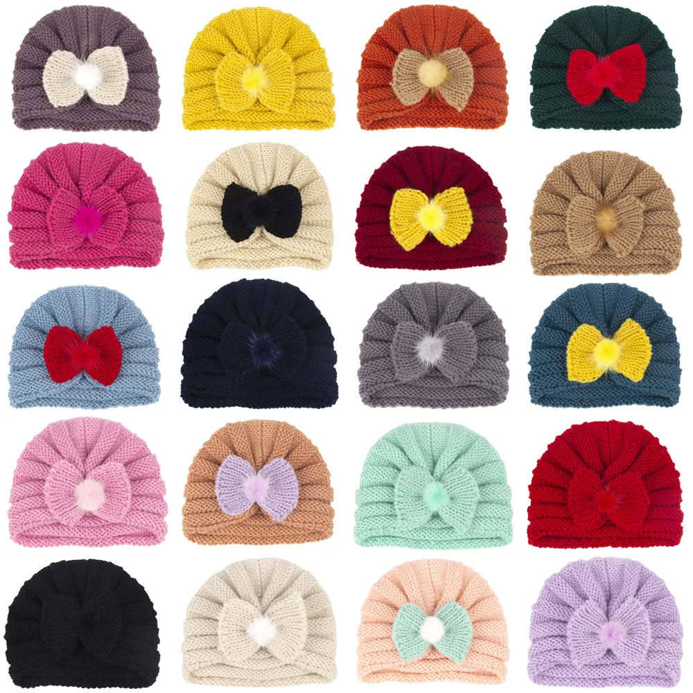 Wholesale Winter Kids 100% Cotton Skein Crochet Knitted Double Faux Fur Pom Pom Beanies Custom Label Toddle Baby Hats