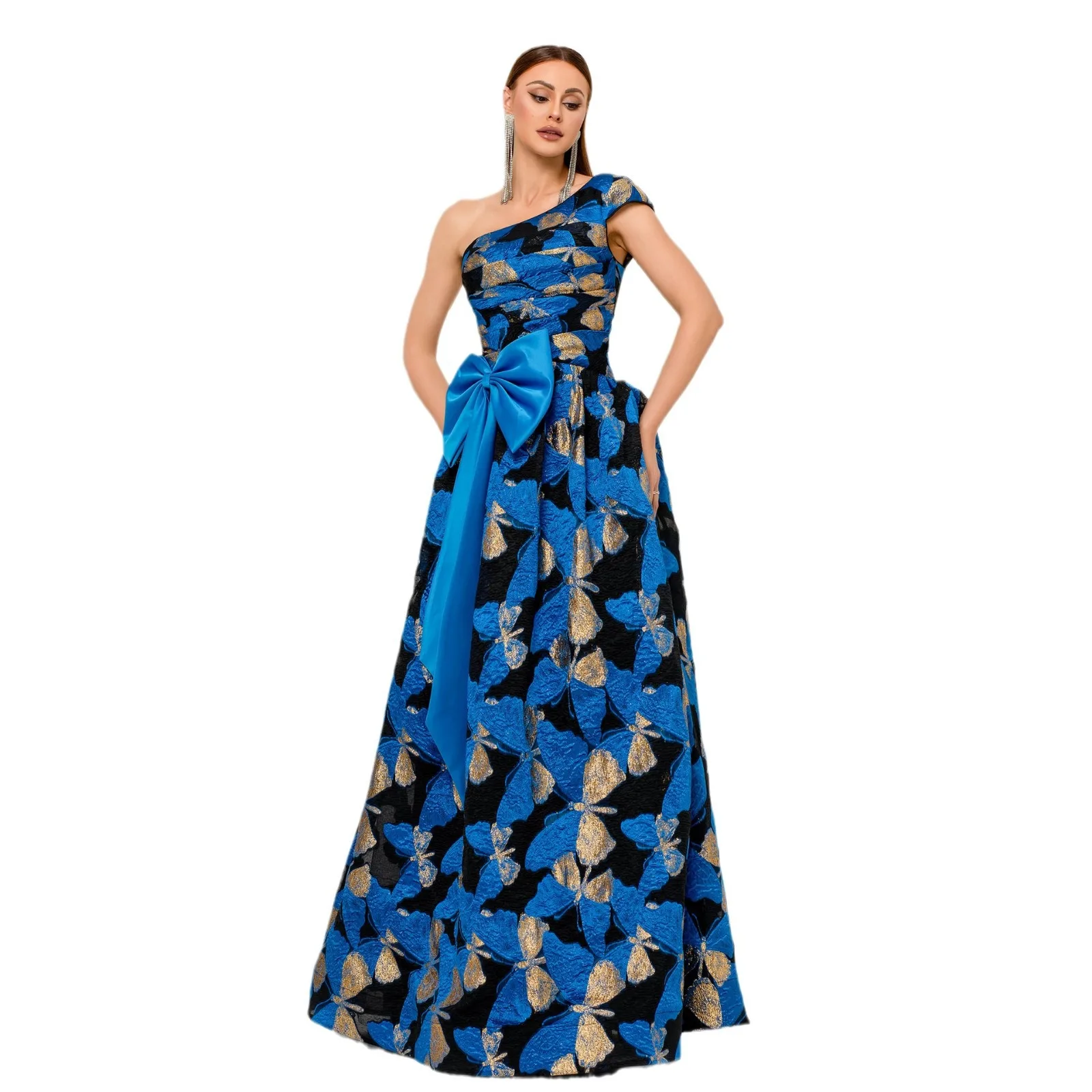 2025 Ladies Blue Summer Bandage Elegant Jacquard Ruffle One Shoulder Sleeveless Floral Empire Floor-Length Parties dress