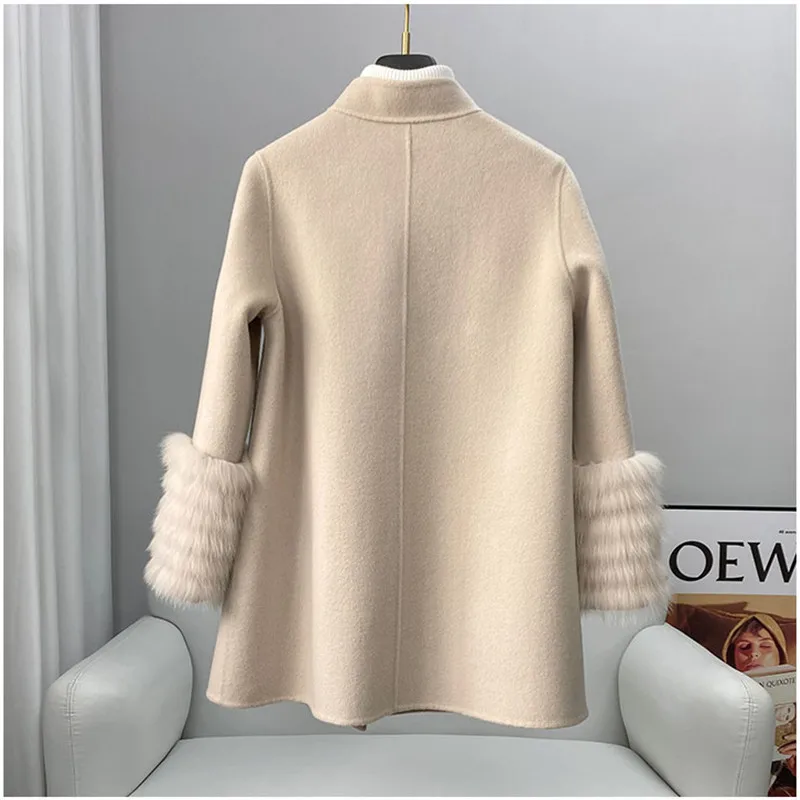 PUDI New Design Genuine Wool Overcoat With Fashion Chinese Style Fox Fur Cuff Winter Jacket CT273