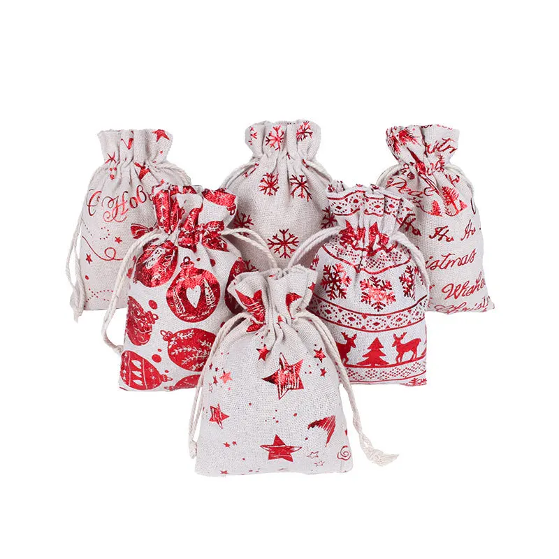 24pcs set Gold stamp printing linen cotton drawstring bag jewelry pouches party festival candy bags christmas gift bags