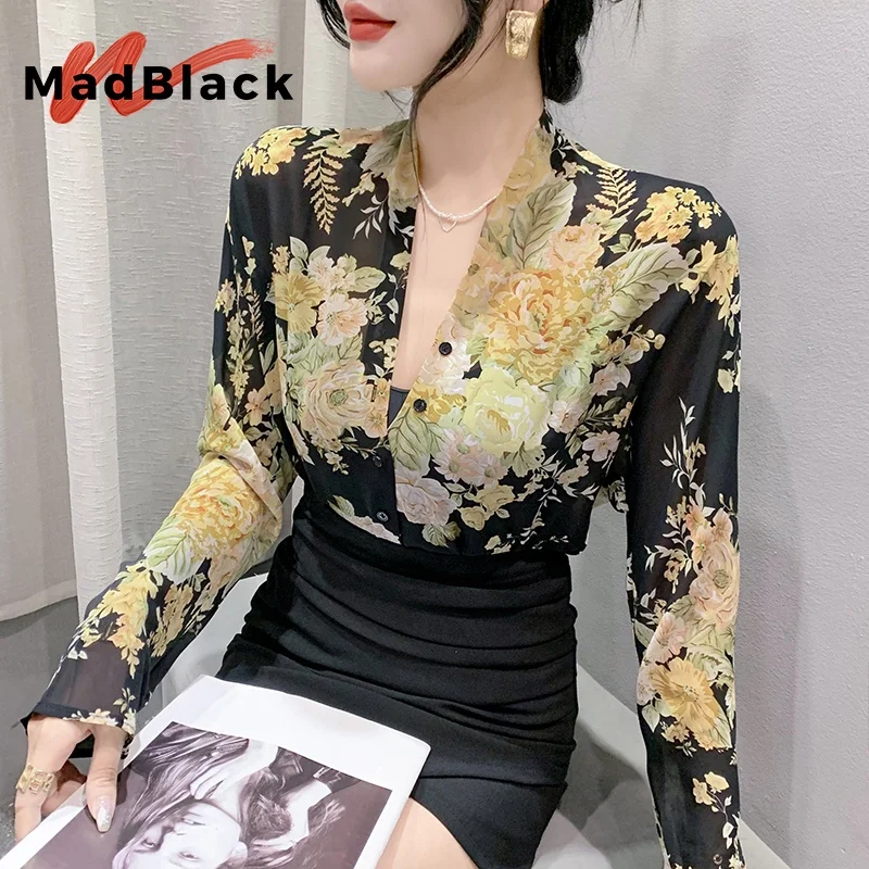MadBlack Summer European Clothes Chiffon Shirts Women Sexy V Necks Flower Printed Long Sleeved Thin Tops Basic Blouses T36705JC