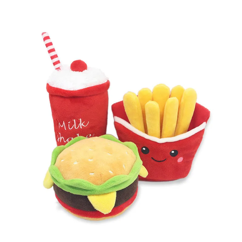 Wholesale Hamburger Pet Plush Toy Fries milkshake Food Shape Squeak Sound Pet Plush Toy
