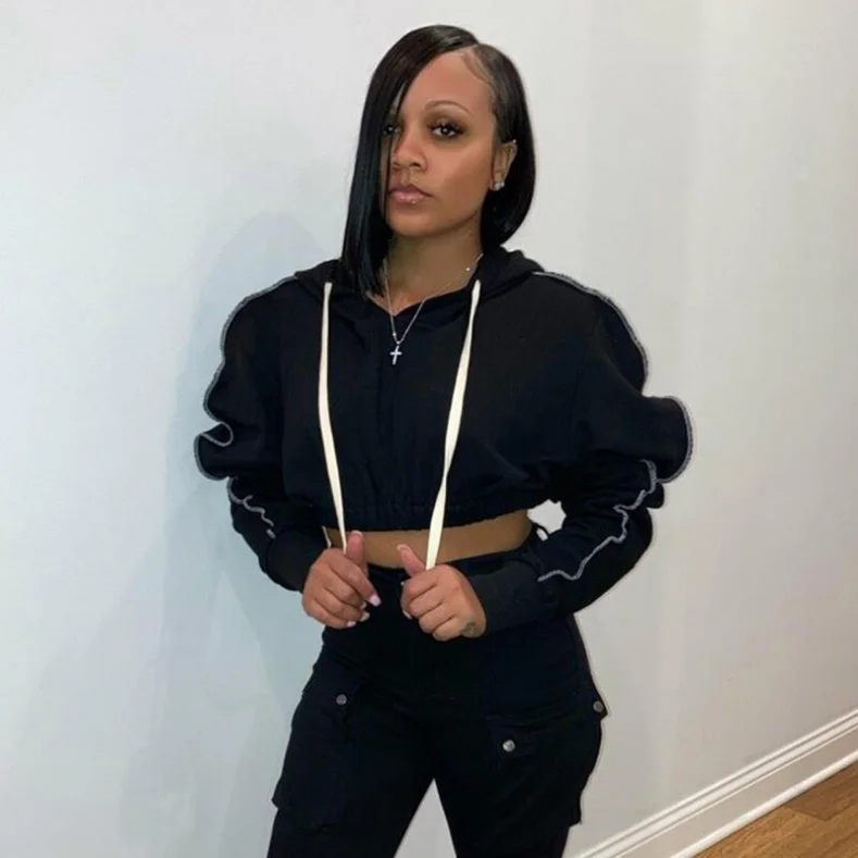  2020 New Style Streetwear Woman Tops Fashionable Puff Sleeve Solid Long Crop Top Hoodie Ladies