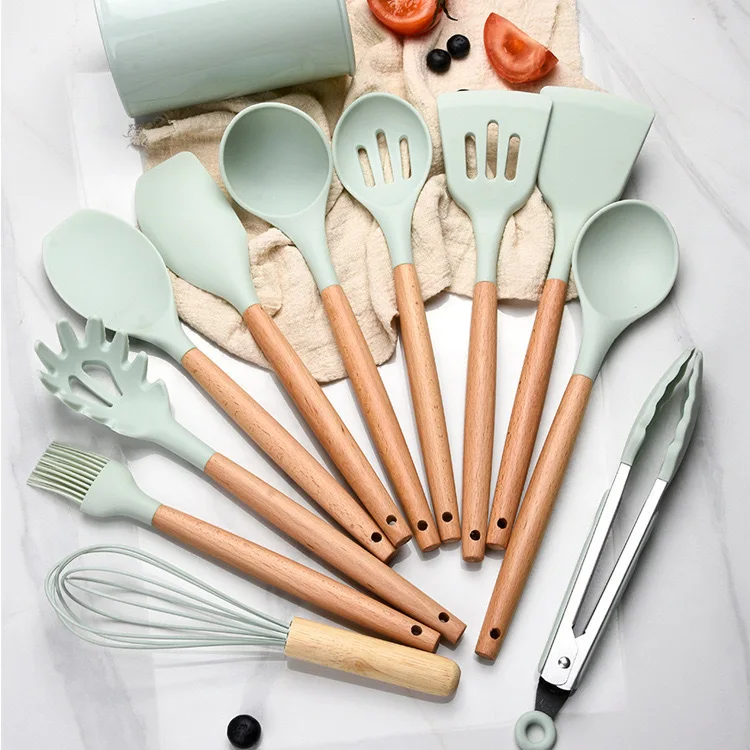 Hot Sale 12PCS Silicone Kitchen utensils with Wooden handle Non-stick Silicone Kitchen Helper Set