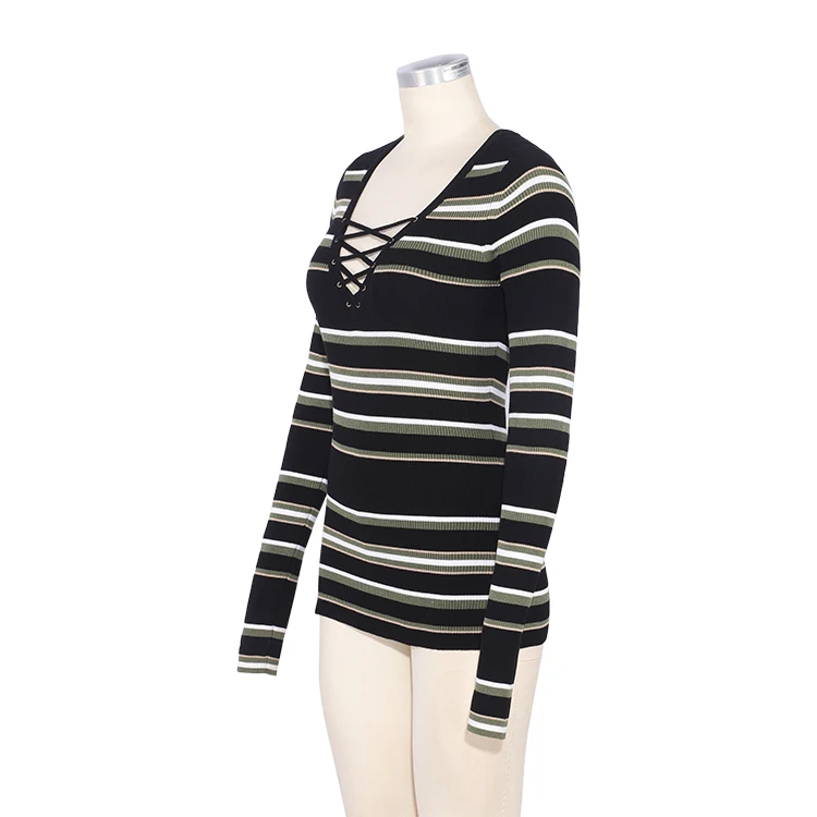 2021 горячая Распродажа Женская блузка тонкий длинный рукав v-образный вырез полосатый вязаный свитер блузка