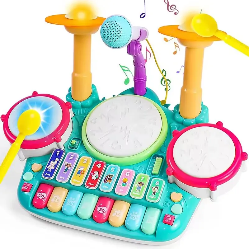 Electronic Baby Musical Toys 3 in 1 Piano Keyboard Xylophone Drum Set with Microphone