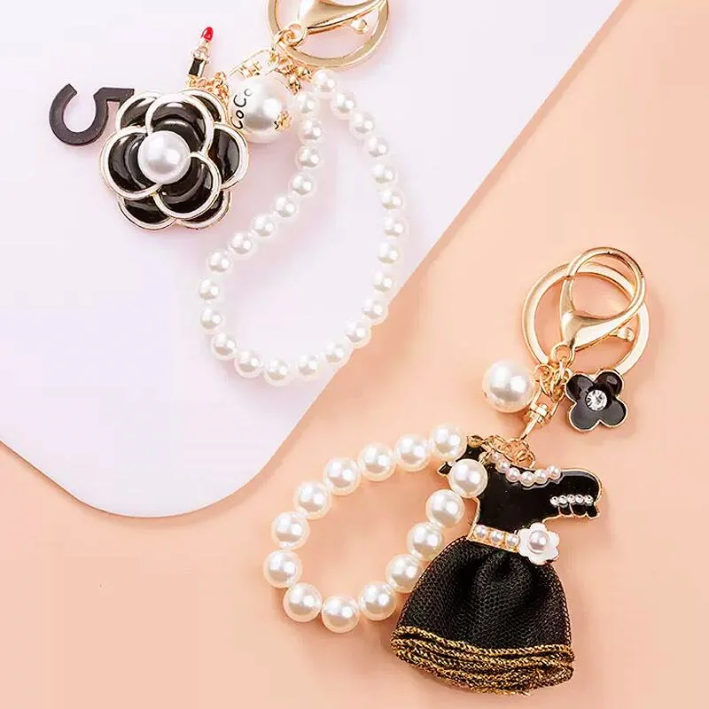 Cute Gift Black Skirt keychain Pearl Beads Wrist straps Dress key chains Ladies Bag Charm Pendant Pearl Key Rings Women Keychain