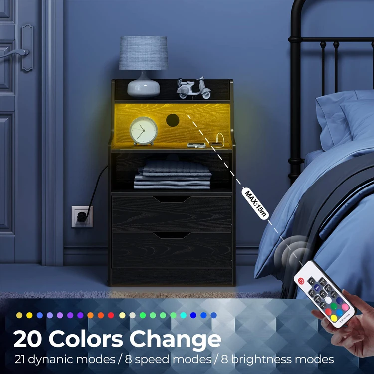 Bedroom Sofa Side End Table Nachtkastje LED Lights Bedside Storage Drawer Nightstand Comodini with Charging Station and USB Port