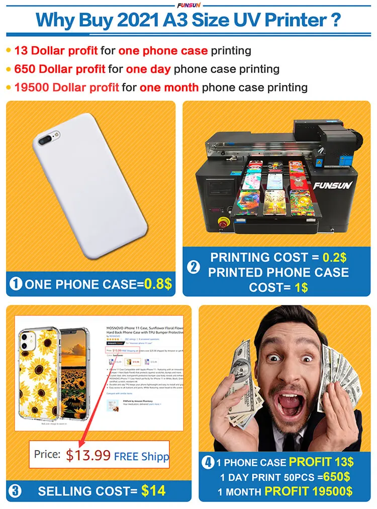 Funsun Factory Direct Wholesale A3 UV Flatbed Printer for Phone Case Cup Glass PVC Wood Leather