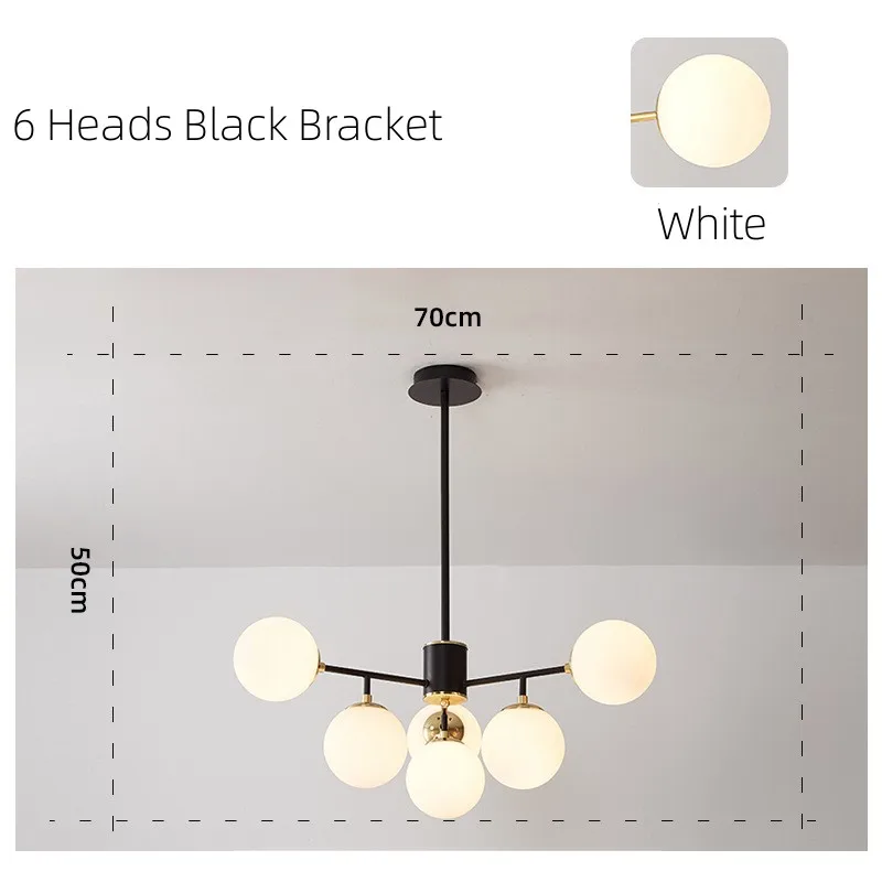 Indoor Simple LED Multi Head Sputnik Chandelier Globe Glass Bubble Pendant Light Metal Branch Ceiling Lamp For Bedroom Kitchen