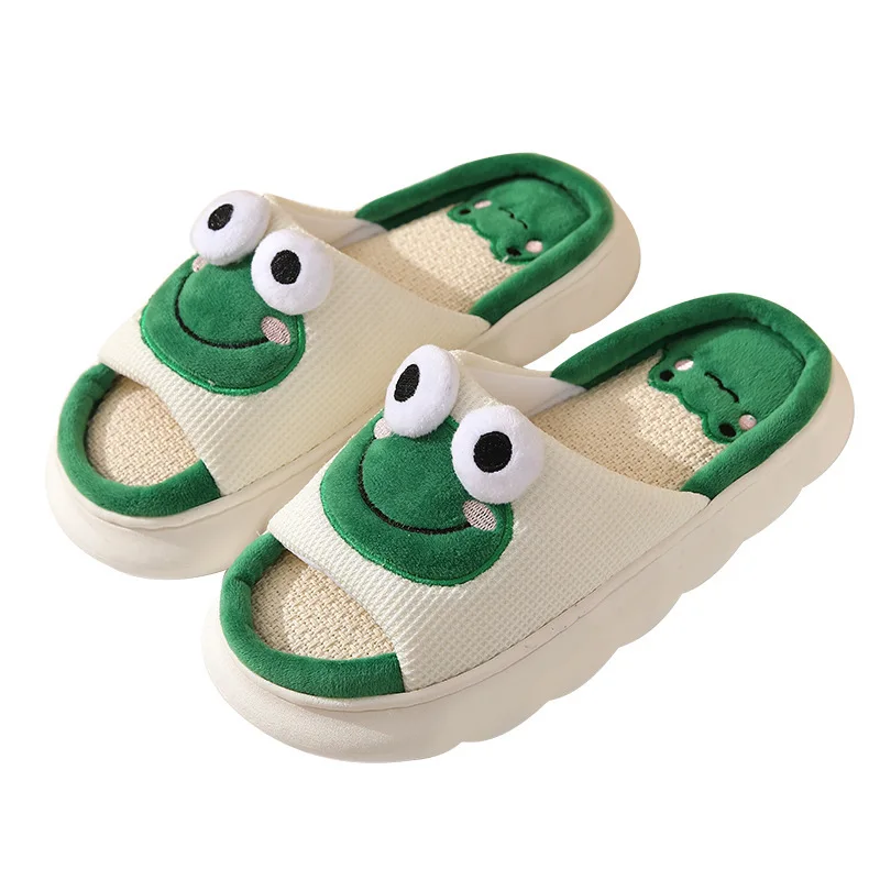 Wholesale Cute Frog Linen Drag Ladies non-slip indoor and Outdoor Slippers Home Absorbent Breathable Silent Slippers