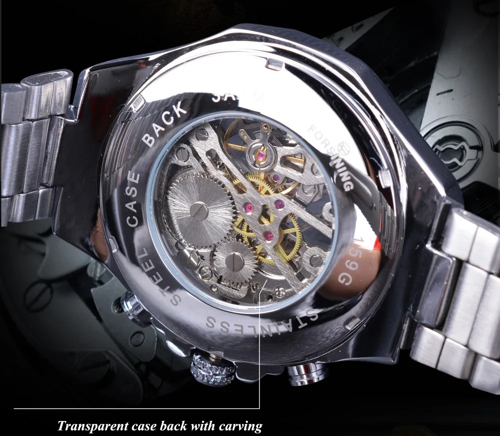 Forsining Men Transparent Case Open Work Silver Stainless Steel Mechanical Skeleton Sport Wrist Watch Men Top New Luxury Clock