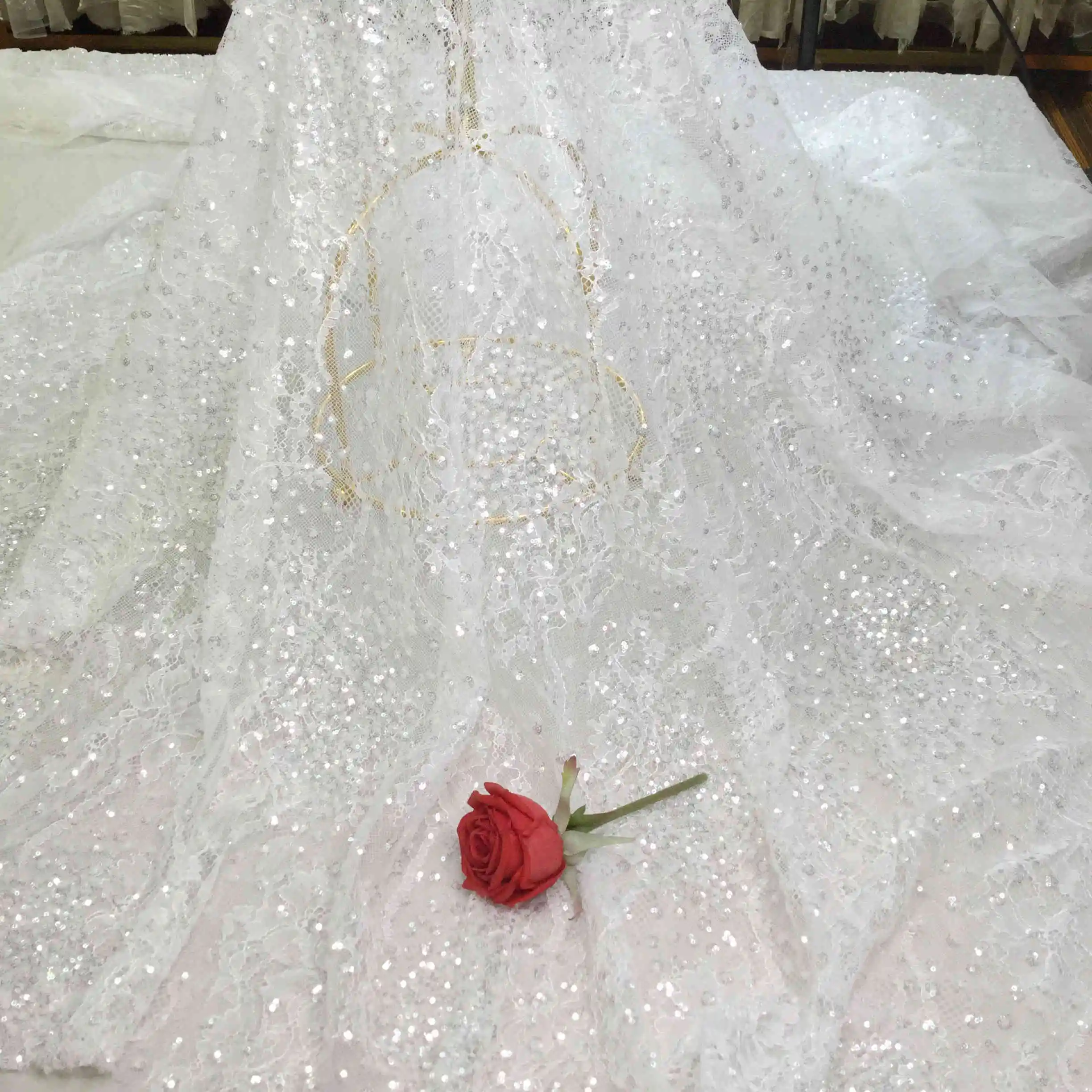 MX525 New arrival Elegant silver bridal tulle white Sequin embroidery lace fabric for wedding dress