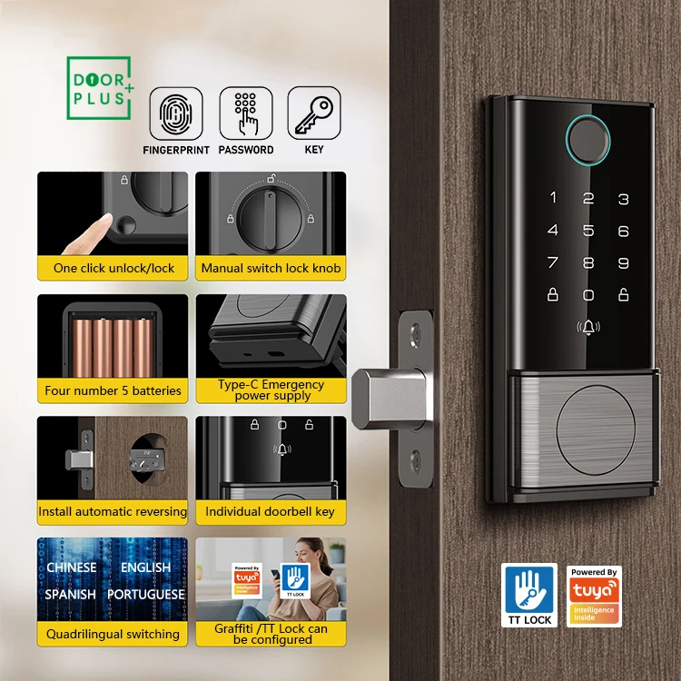 Doorplus Bluetooth Digital Keyless Entry Smart Home Smartlock Door Password TUYA Smart Finger print Lock For Front Door