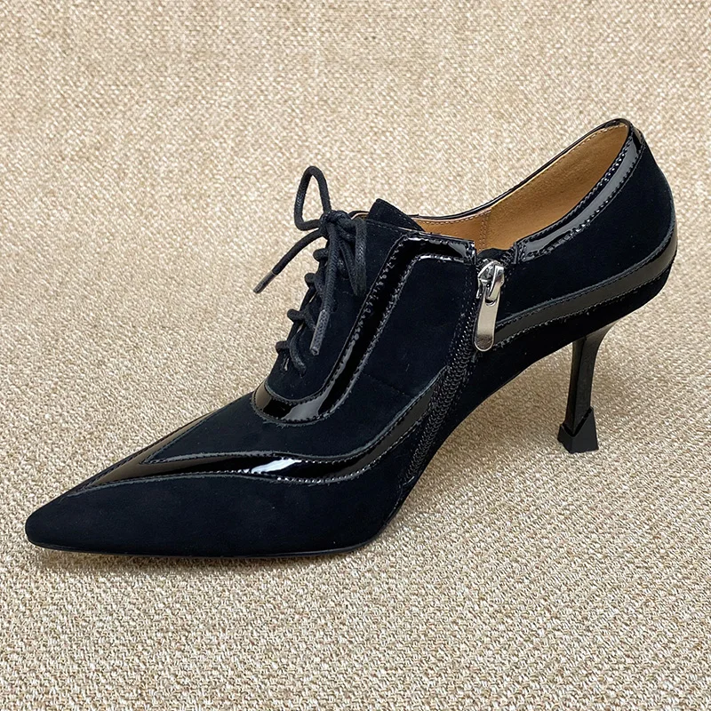 Factory Universe P024 Ladies Pumps Genuine Leather Square Heel Lace-up Kid Suede Pointed Toe Women High Heel Dress Shoes