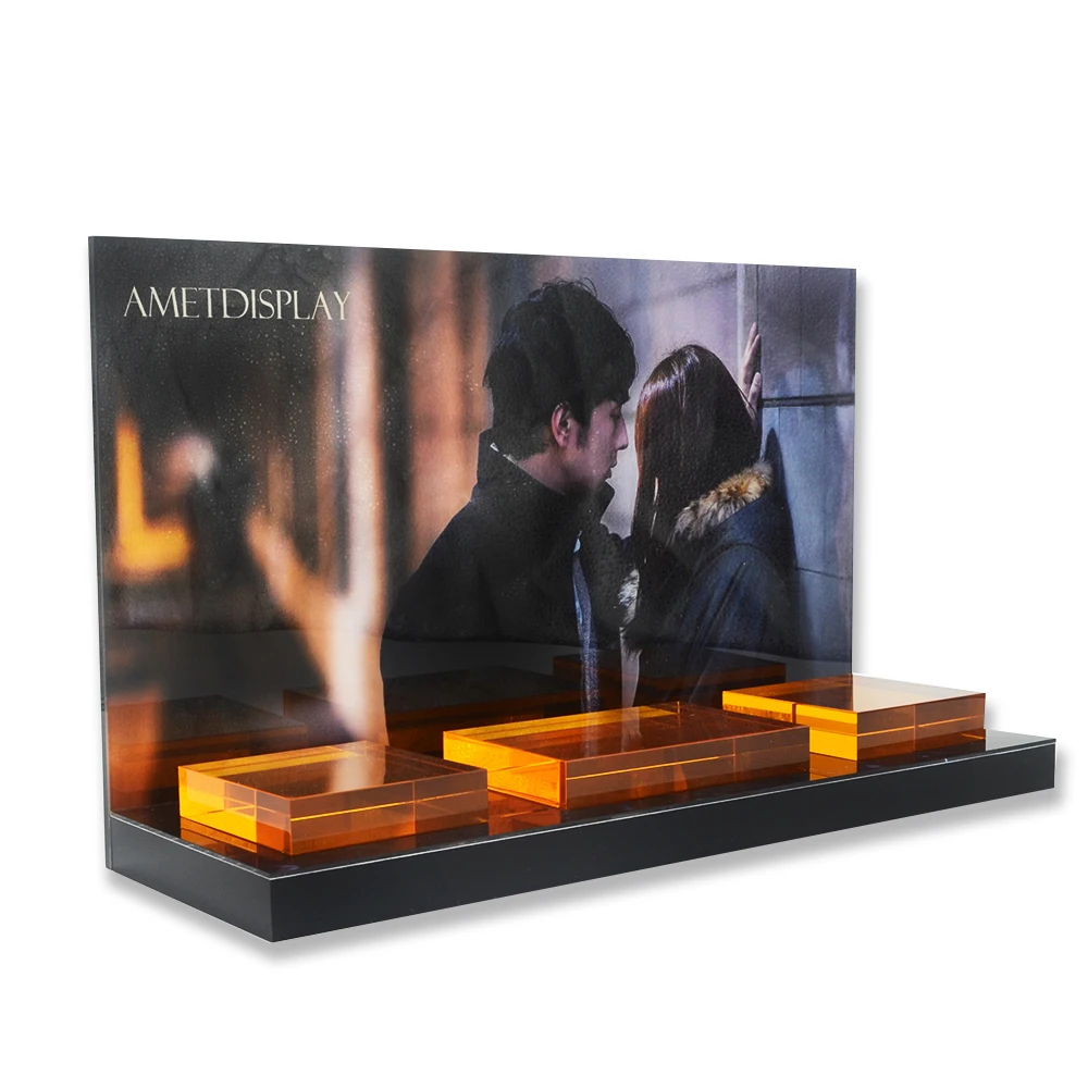 Пользовательский L-образный акриловый косметический дисплей и витрина для макияжа бесплатный дизайн