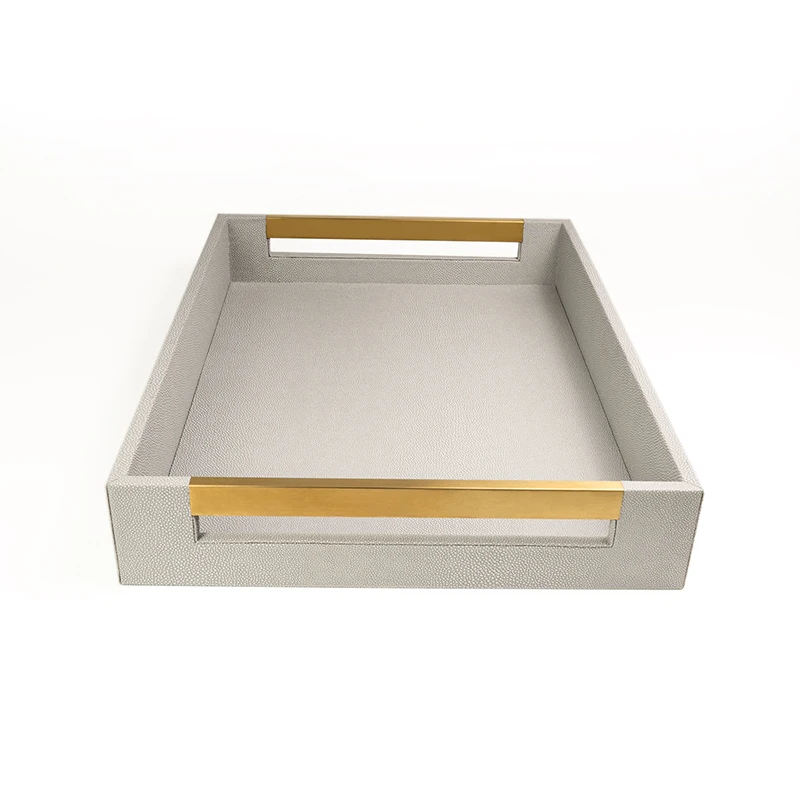 Rolling Tray Metal Handle Accessories Faux Leather Wholesales Hot Sale Custom Shagreen PU Cookies Food Serving Tray Gold Support With SABER Certificate