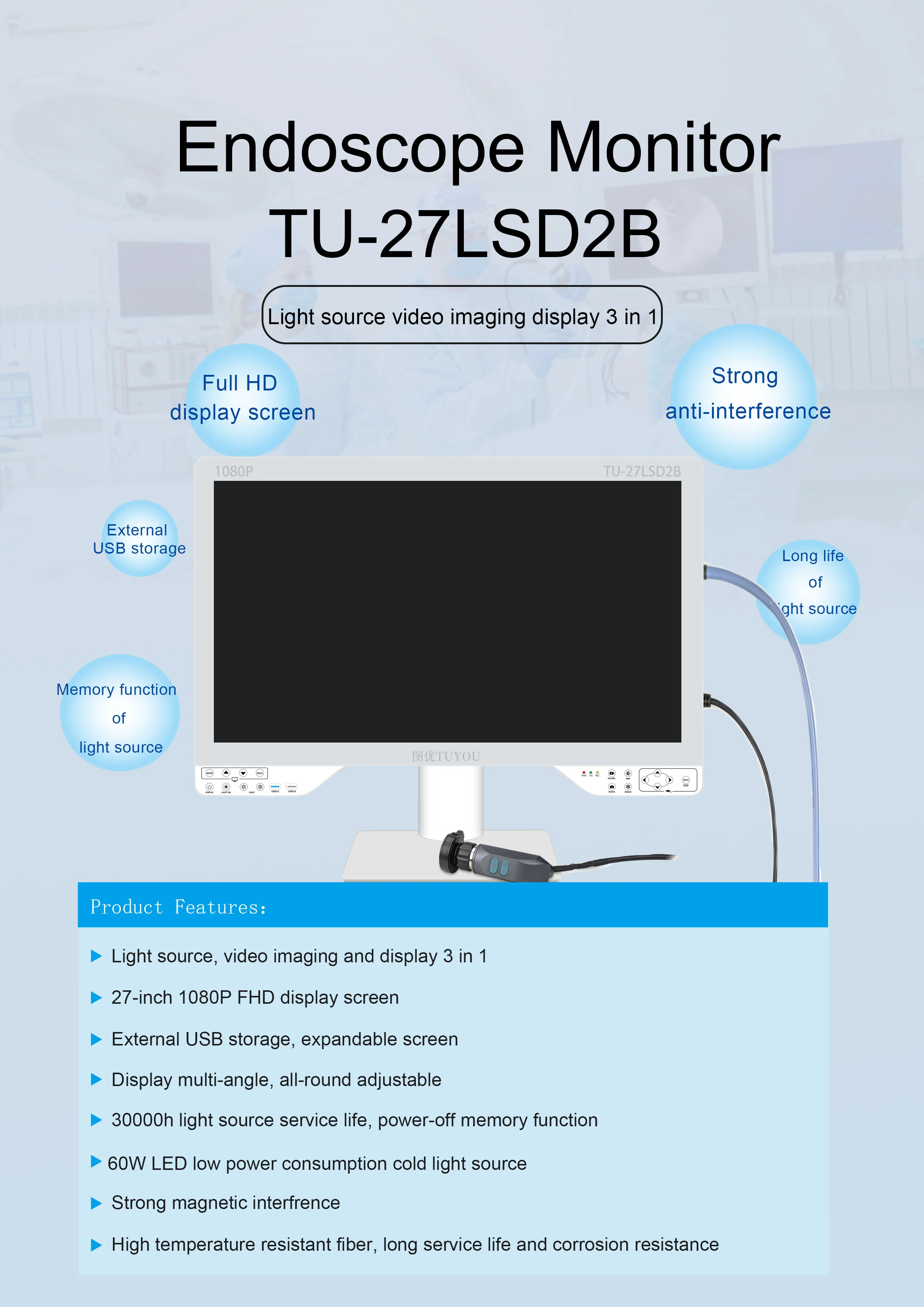 HD 27-Inch Laparoscopic Medical Endoscope Camera Grade Monitor with Video Recorder Fiber Optic Light Source All in One