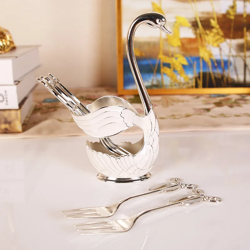 New Arrival Zinc Alloy Swan Base Fruit Forks Spoon Holder Set Salad Dessert Forks Coffee Spoon Stand Set