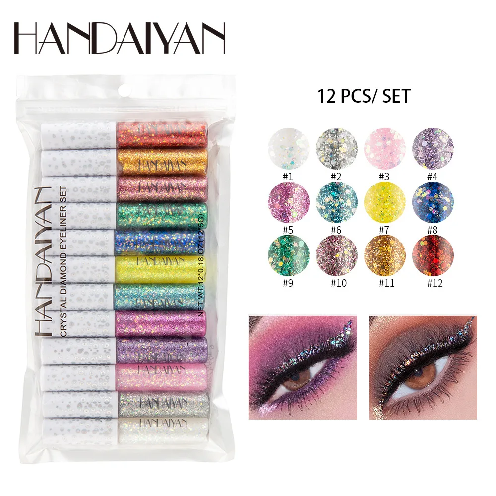 HANDAIYAN Wholesale Eyeliner 12 Colors Set Glitter Shimmer Eye Liner Make Up Waterproof Cosmetic