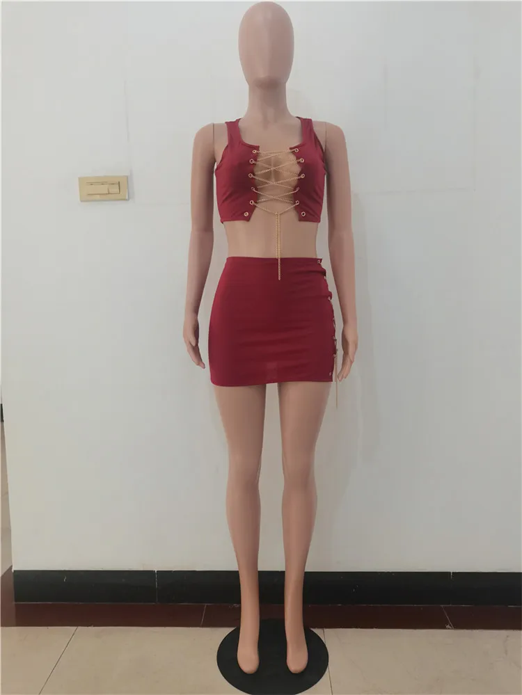 Summer 2021 New Women Fashion Sexy Bandage Chain Crop Top And Mini Skirts Two Piece Set Outfits