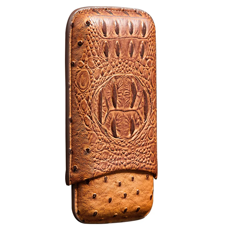 Прочный коричневый портативный дорожный Чехол для сигар из натуральной крокодиловой кожи с 3 пальцами, хьюмидор с страусиной текстурой