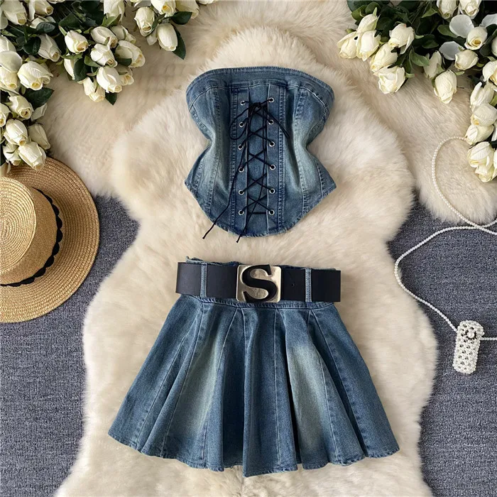 ensembles pour femmes sexy sense straps waist irregular bustier undershirt two-piece set  with belt denim bustier skirt 2 set