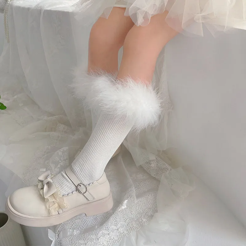 Горячая Распродажа зимние теплые гольфы детские носки с оборками детское платье для девочек принцессы меховой отделкой