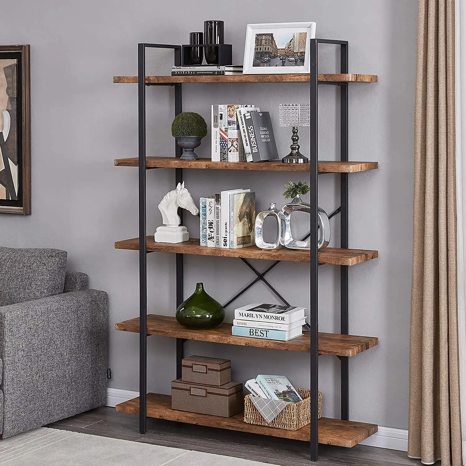 Деревянная металлическая мебель открытый Etagere книжный шкаф с 5 полками промышленная книжная