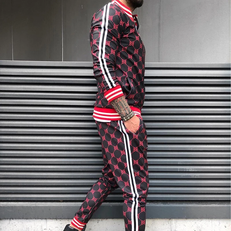 2021 fall fashion full body print jogging suits casual sportswear Polyester material men zipper jogging suit