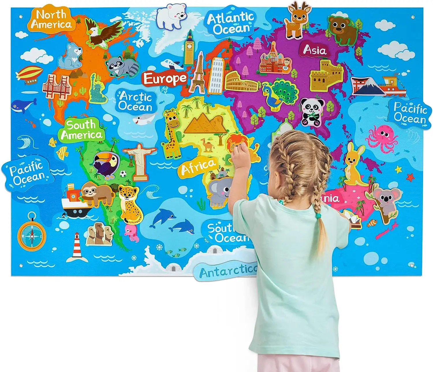 Preschool Learning Felt Board,Felt World Map with World Famous Sights, Educational Play Mat Felt Board Set