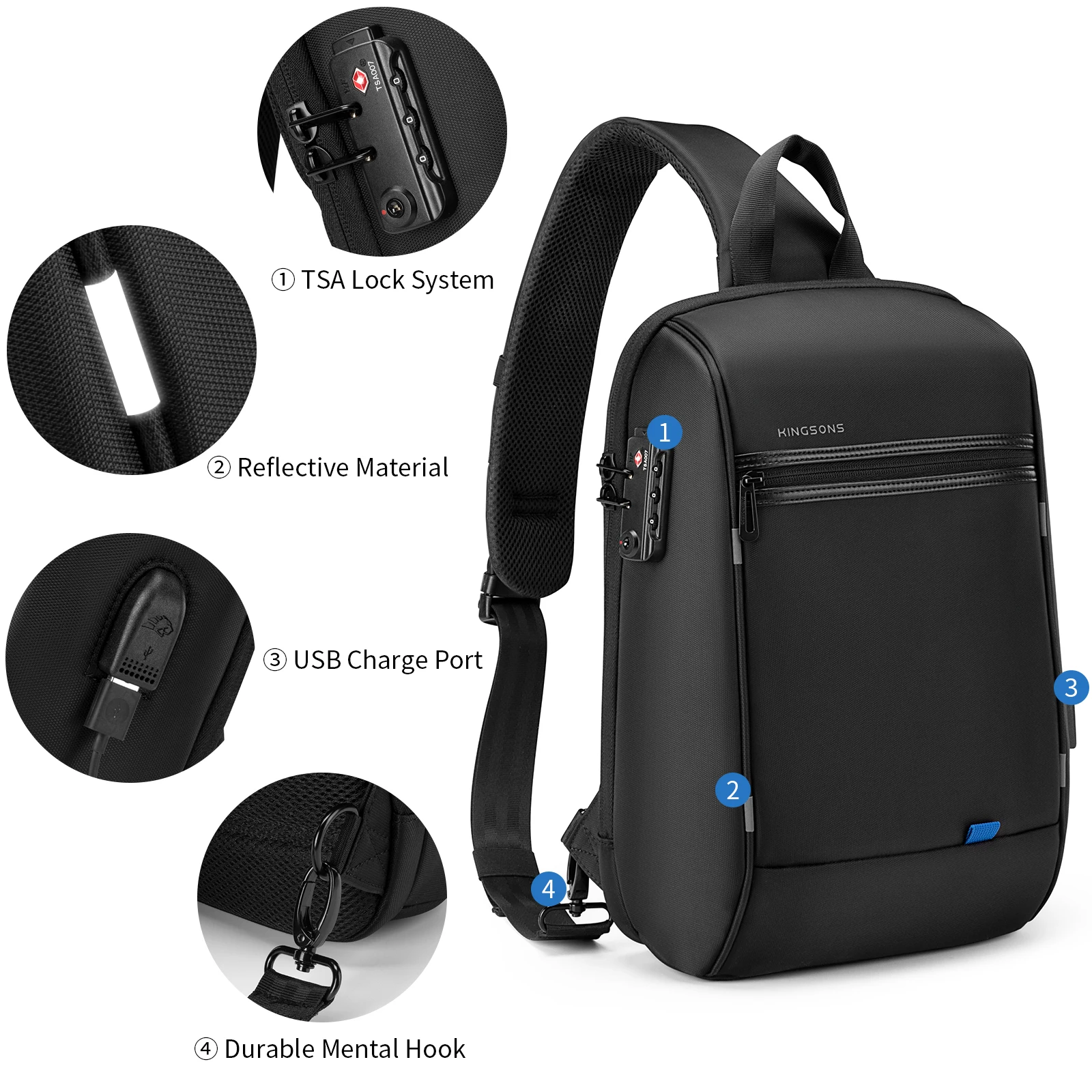 Kingsons Anti-Theft Backpack 13.3 Inch Large Capacity Waterproof Sling Shoulder Bag Chest Bag With TSA lock
