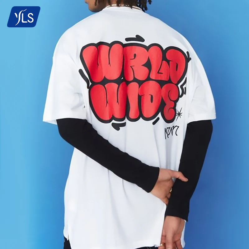 YLS 285 g 10 oz Hiphop Tshirt Men OEM 100% Cotton Custom Vintage Blank 3D Embossed Puff Print T Shirts Wholesale T-Shirt