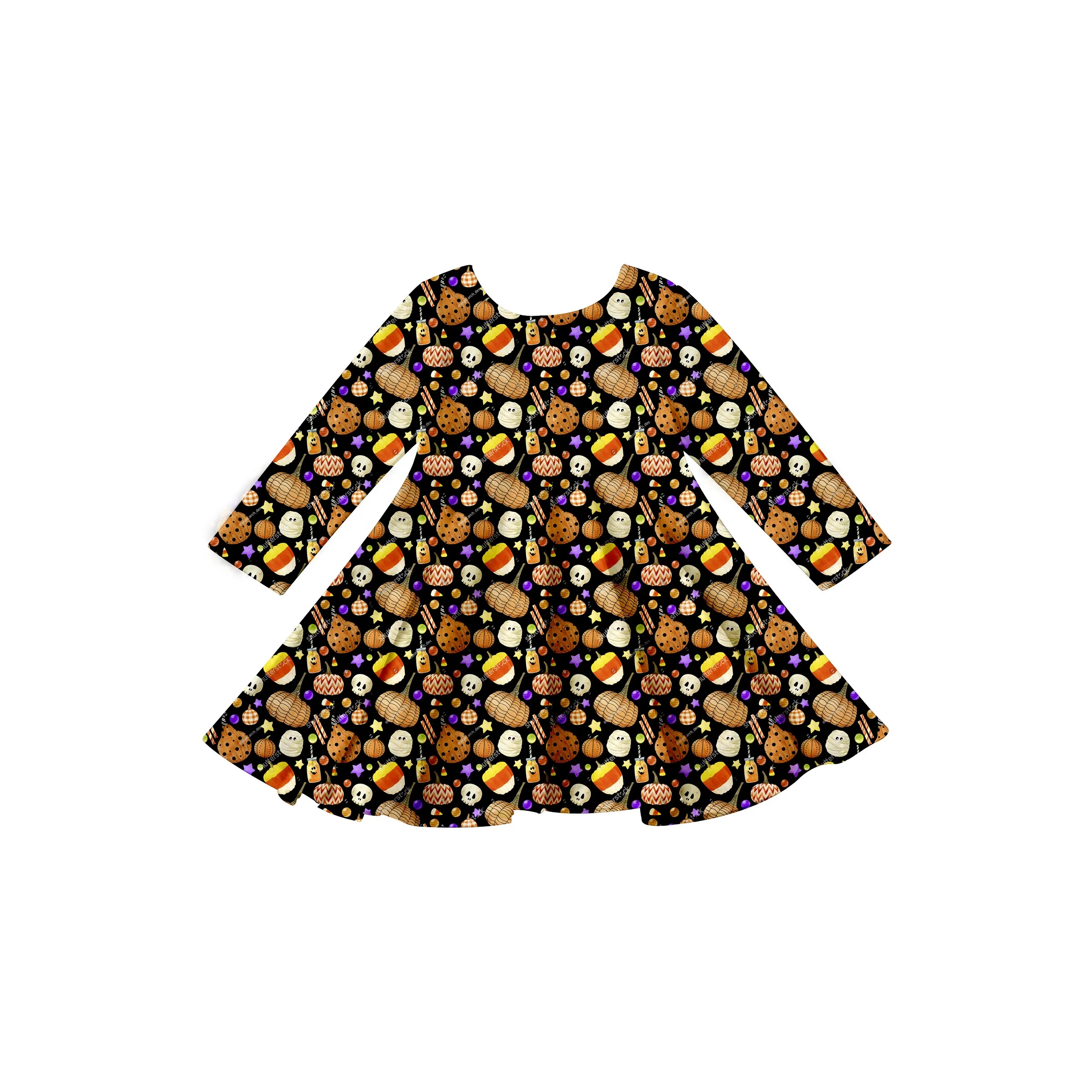 Girlymax 2022 Pumpkin Halloween Trick or Treat Long Sleeve A-LIne Twirl Knee Length Baby Girls Dresses Kids Clothing