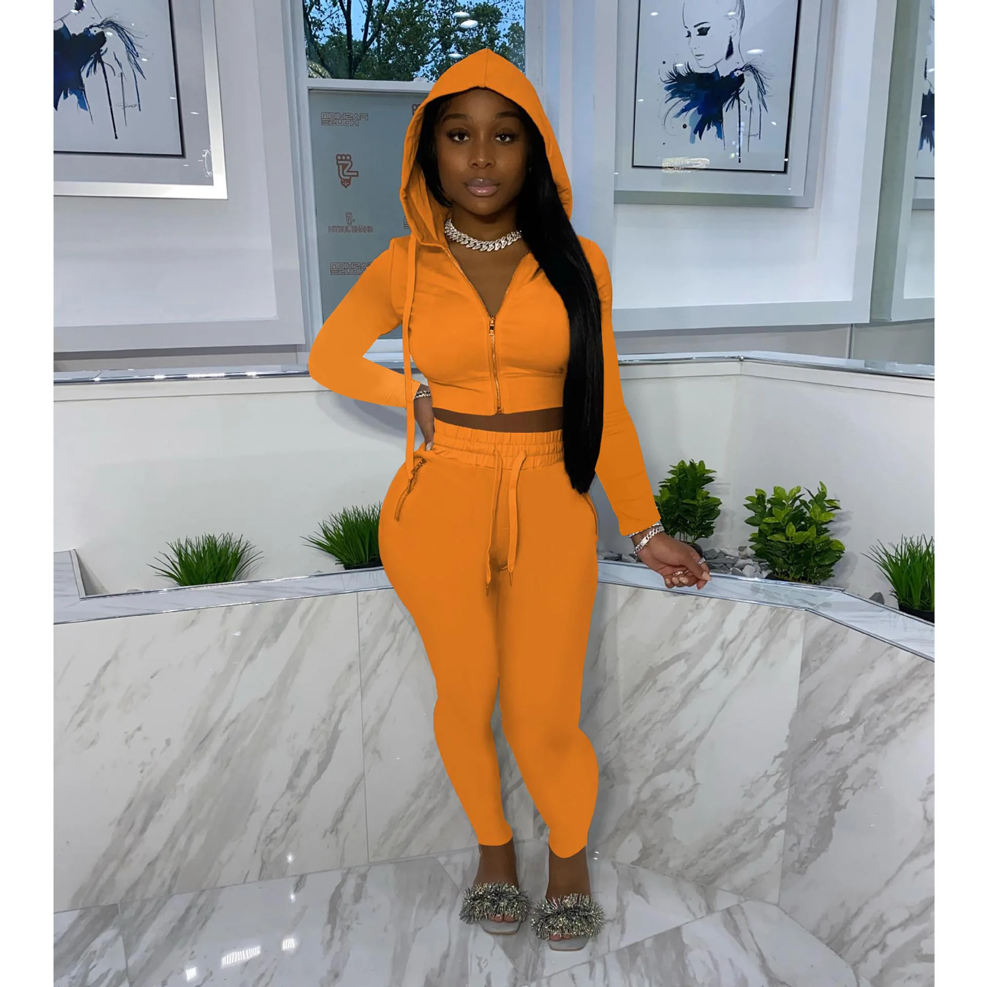 YIWU QIUDUN Fall New 6 Colors Womens Hooded Zipper Wholesale Tracksuit Long Sleeve Two Piece Set