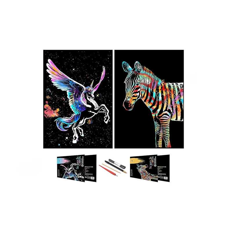 Wholesale Supplies Creative 100 Sheet Rainbow Blank Magical Art Craft Gifts Scratch Paper Sets For Kids With Styluses Stencils