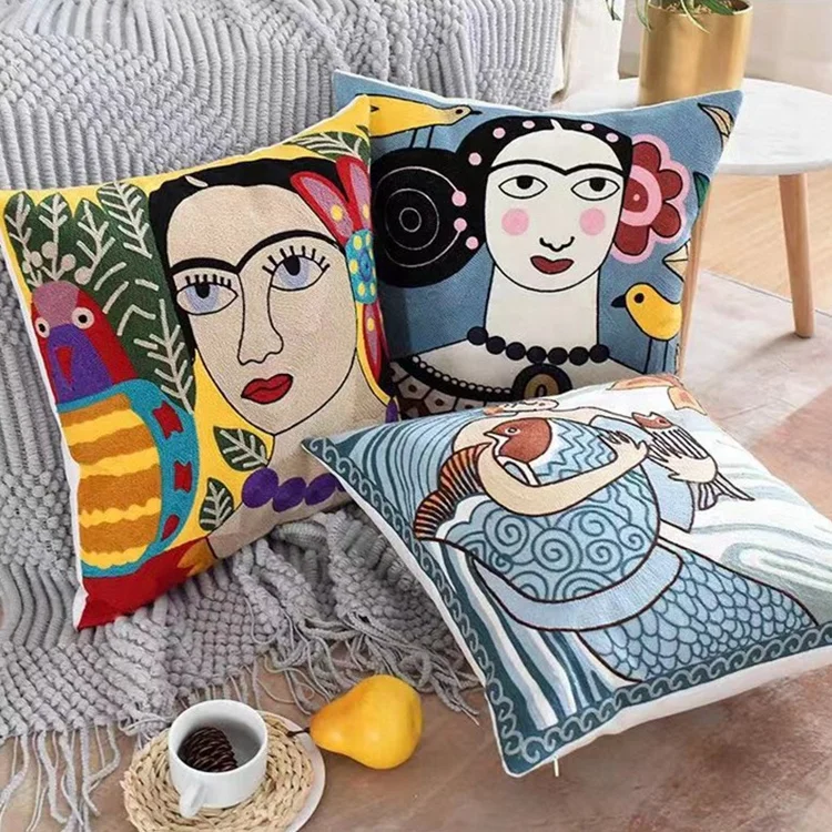 Wholesale Woman Sublimation Self Portrait Embroidery Designer Decorative 100% Cotton Cushion Covers