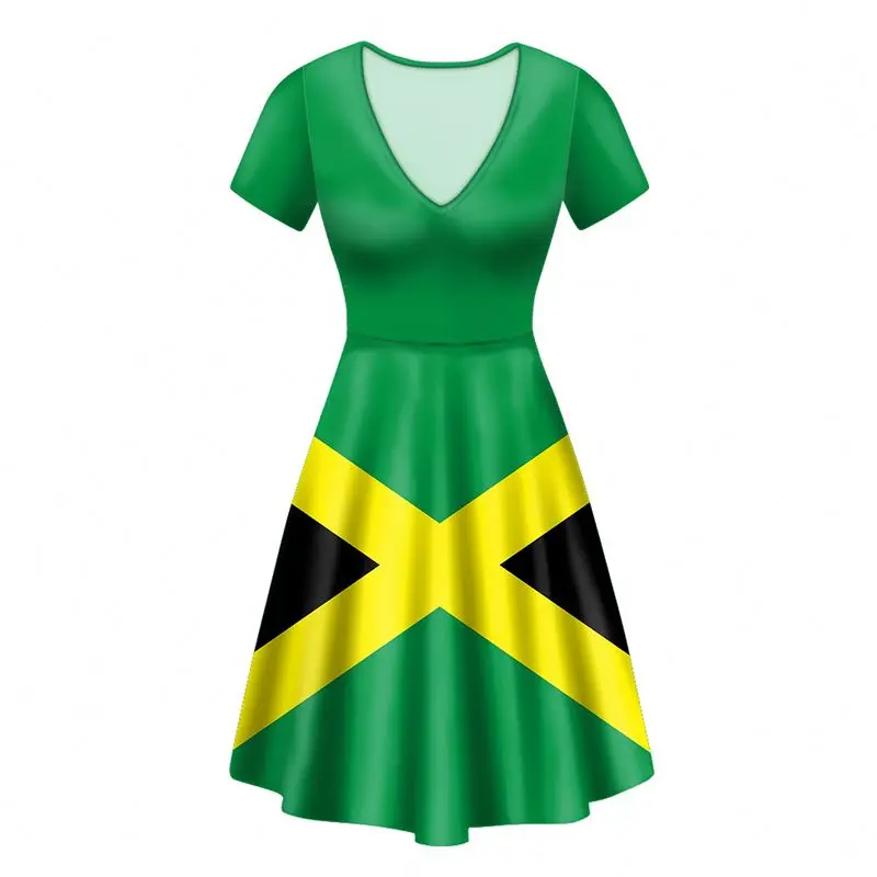 Wholesale Women Casual Dress Summer Jamaica Flag Print Loose Swing Short Sleeve Knee Length V Neck Elegant Tunic Dress