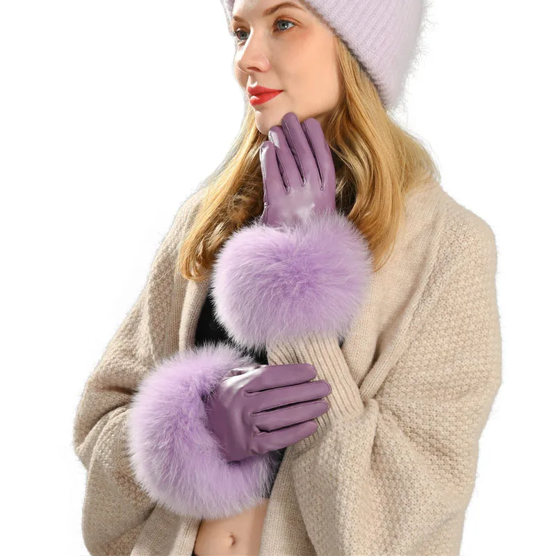 Women Fashion Colors Genuine Sheep Leather Fluffy Real Fox Raccoon Fur Wholesale Sexy Lady Leather Gloves (62201705527)