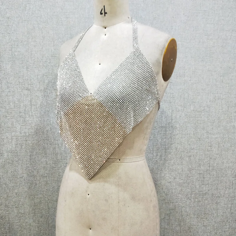 2024 Fashion Backless Triangle Gold Silver Splicing Pattern  Aluminum Rhinestone Mesh Crystal Crop Top
