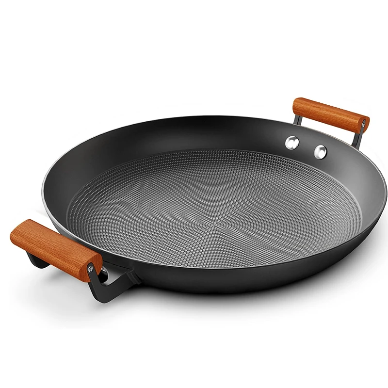 Hot Selling 32cm Lightweight Non-stick Cast Iron Frying Pan with 2 Beech Wood Side Handles
