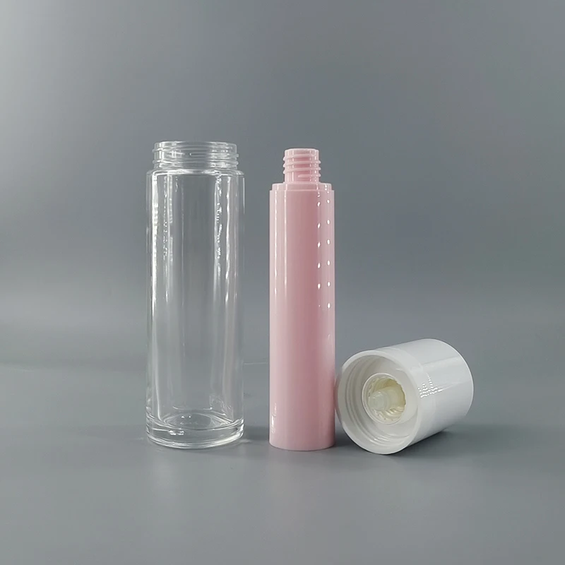 High quality glass airless pink Bottle 50ml with Refillable pump Inner Tube for Cosmetics Packaging